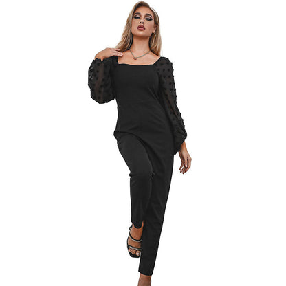 Damen Jumpsuit Eleganter Puffärmel Norvielle Durchsichtig