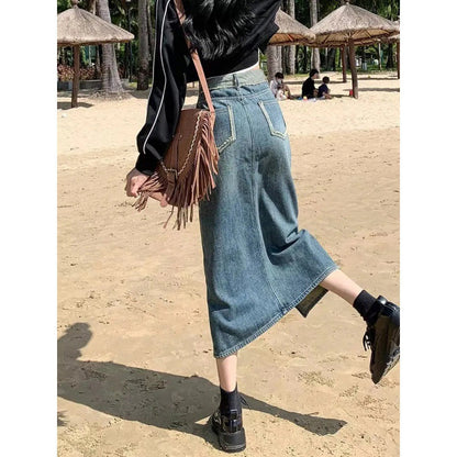 Damen Denim-Rock Lang Hohes Seitenloch