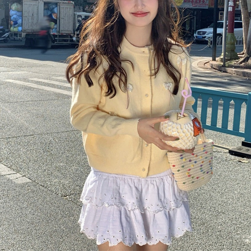 Damen Strickjacke Kawaii mit Schleifen und Perlen Norvielle