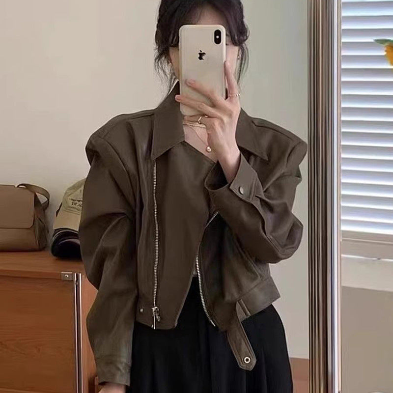 Damen Lederjacke Biker-Design Asymmetrischer Reißverschluss Schwarz - Norvielle