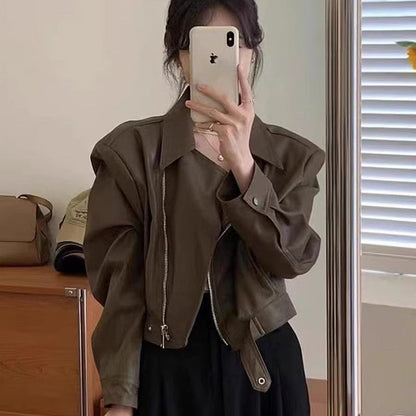 Damen Lederjacke Biker-Design Asymmetrischer Reißverschluss Schwarz - Norvielle