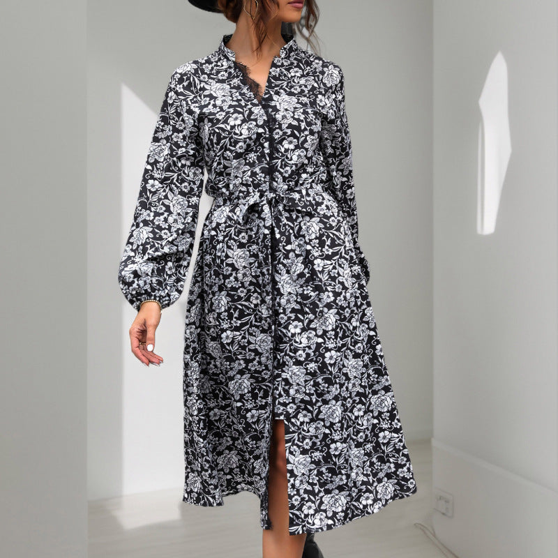 Damen Kleid Lang Floralmuster Elegante Taillierung - Norvielle