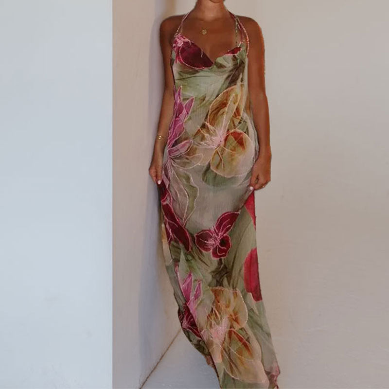 Damen Maxikleid Blumenmuster Durchsichtig Schlank