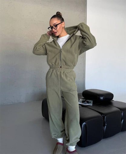 Damen Fleece-Loungewear-Set mit Cropped-Jacke und Jogginghosen