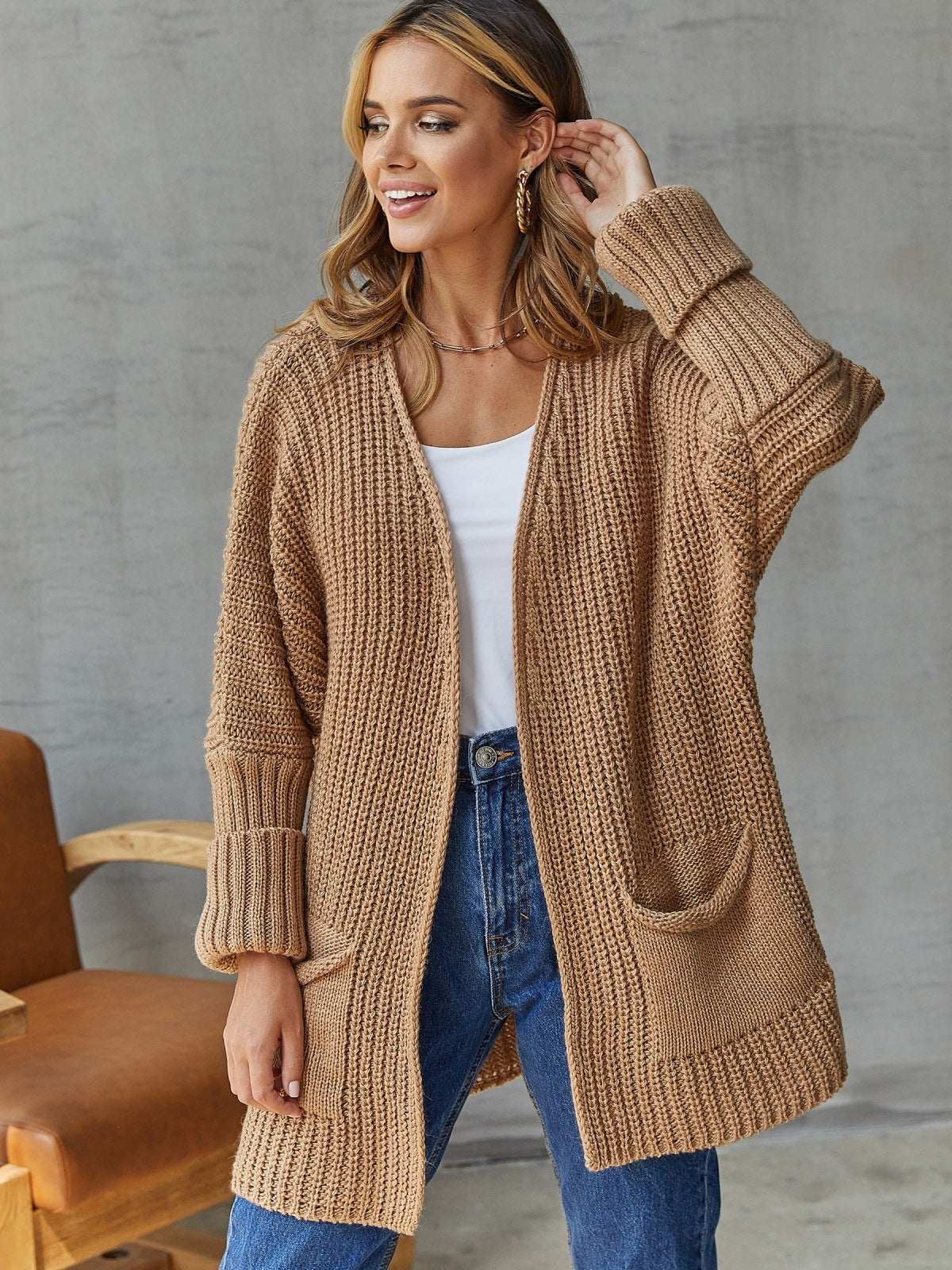 Damen Strickjacke Offene Front Große Taschen Norvielle