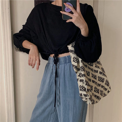 Damen Cropped Sweatshirt Oversized Ärmel Kordelzug Grau