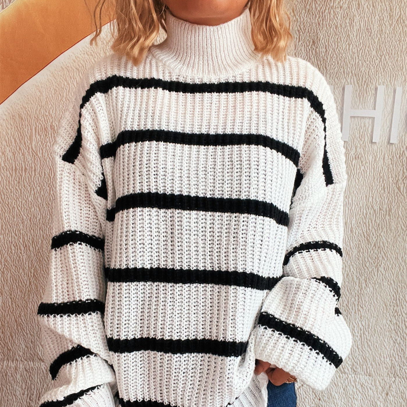 Damen Grobstrickpullover Rollkragen Streifenmuster - Norvielle