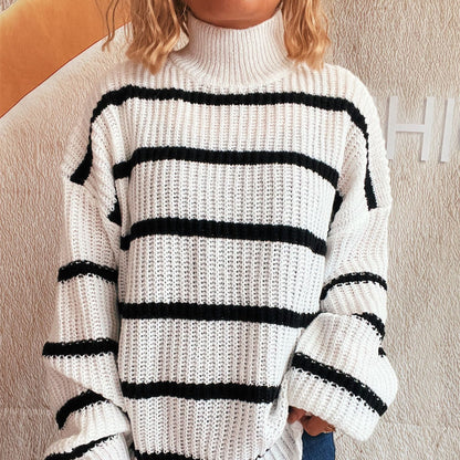 Damen Grobstrickpullover Rollkragen Streifenmuster - Norvielle