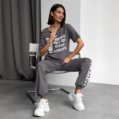 Damen Sportliches Zweiteiler Set mit Grafikdruck und Cut-Outs