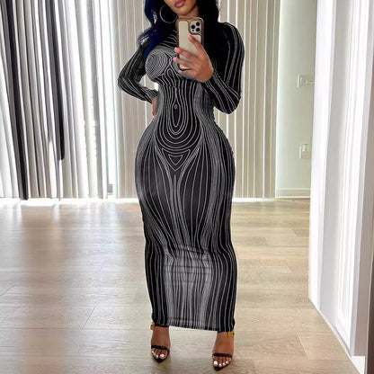 Damen Langarm-Maxikleid Figurbetont Modernes Grafikdesign