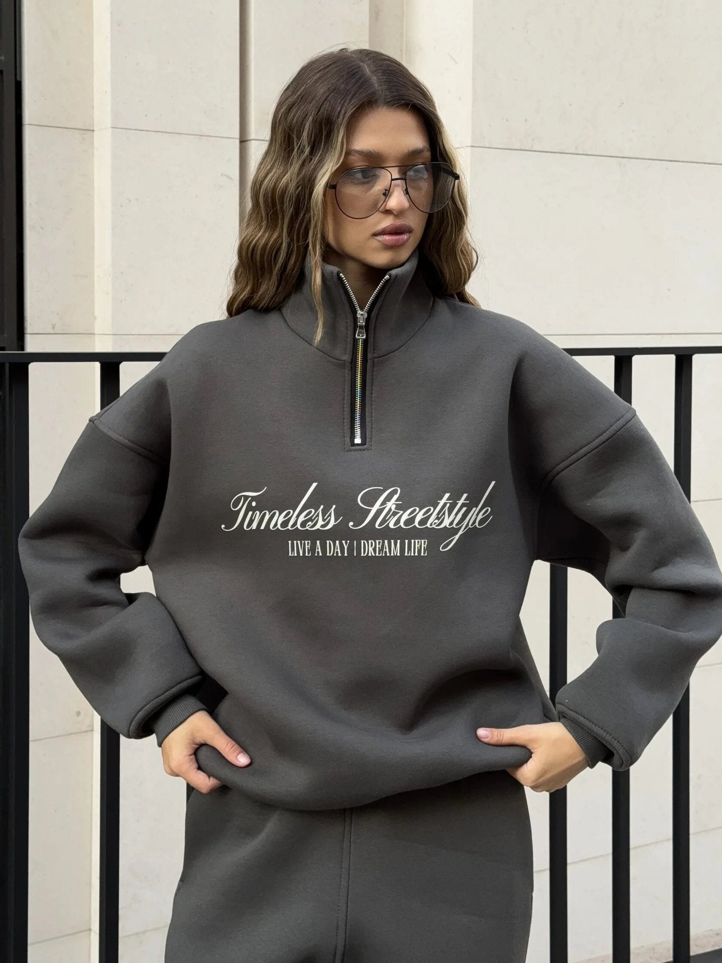 Damen Oversized Pullover Halbärmel Mit Reißverschluss Beige