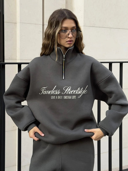 Damen Oversized Pullover Halbärmel Mit Reißverschluss Beige