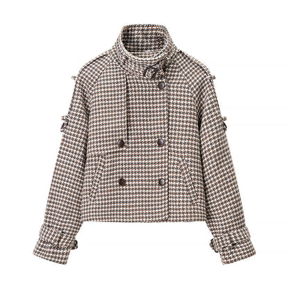 Damen Tweedjacke Doppelter Knopfverschluss Dekorative Details Beige