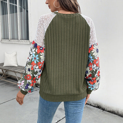 Damen Strickpullover Bunt Blumenärmel Rippenstruktur