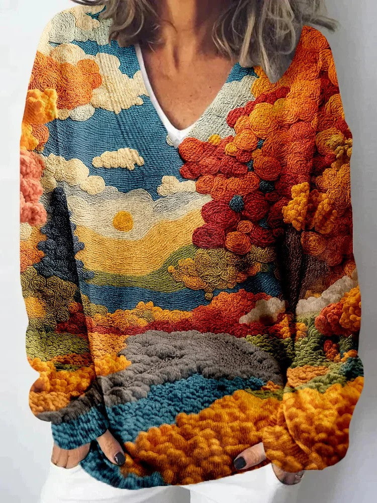 Damen Strickpullover Landschaftsmuster