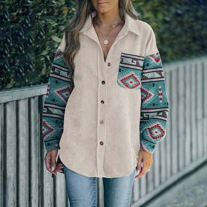 Damen Baumwollhemdjacke mit farbenfrohen Ärmeln und Taschen