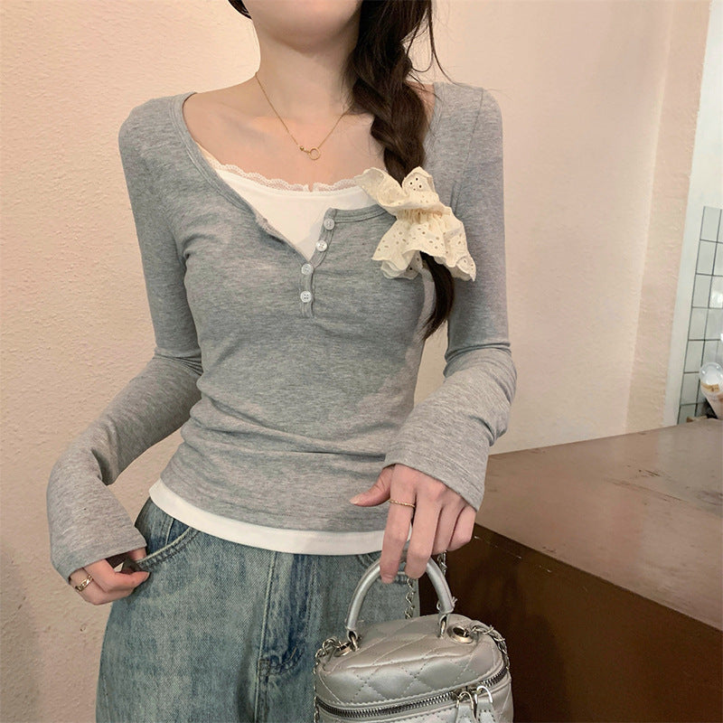 Damen Langarmshirt Knopfverschluss Schleifendetail Norvielle