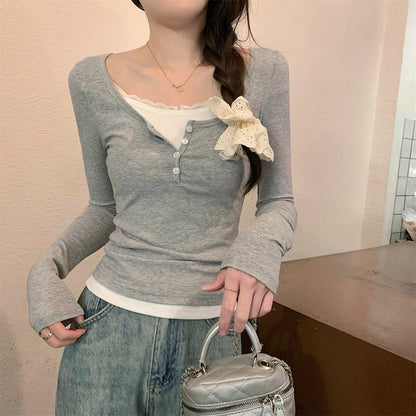 Damen Langarmshirt Knopfverschluss Schleifendetail Norvielle