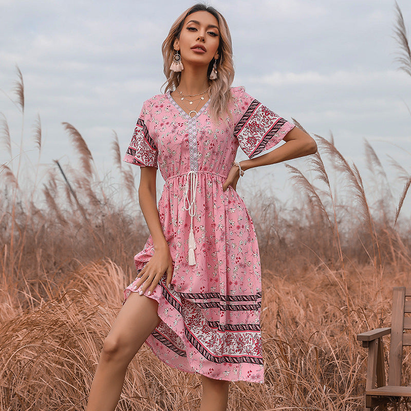 Damen Sommerkleid Boho Floralmuster Verspielte Taille