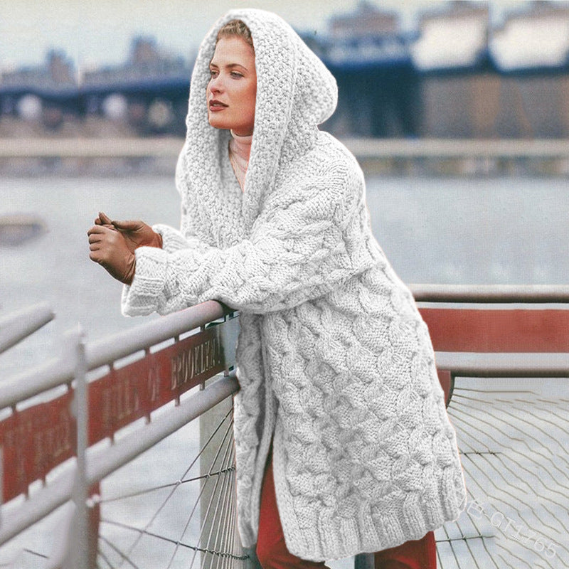 Damen Grobstrick-Cardigan mit Kapuze und Muster