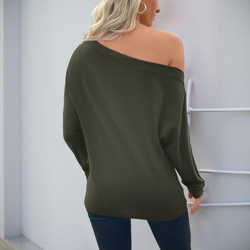 Damen Oversized Langarmshirt Asymmetrischer Ausschnitt Feine Knöpfe