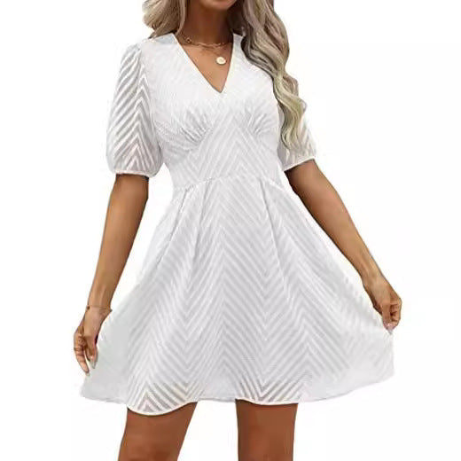 Damen Kleid mit Puffärmeln und V-Ausschnitt Norvielle