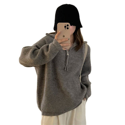 Damen Grobstrickpullover Reißverschluss Hoher Kragen Norvielle