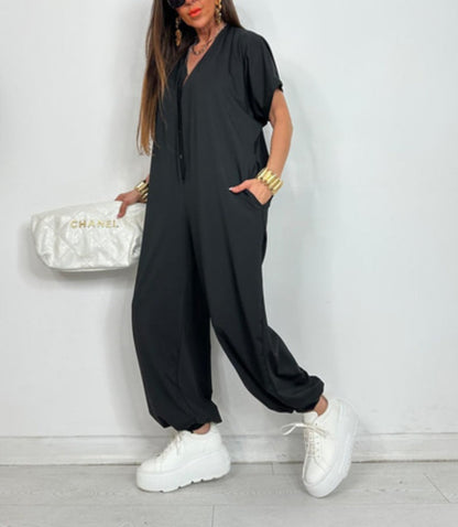 Damen Oversized Jumpsuit Leopardenmuster mit Taschen