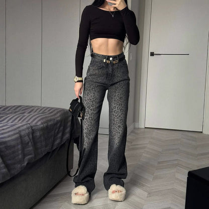 Damen Hochtaillierte Jeans Leopardenmuster Weites Bein