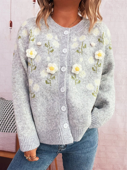 Damen Strickjacke Florale Applikationen Knopfverschluss