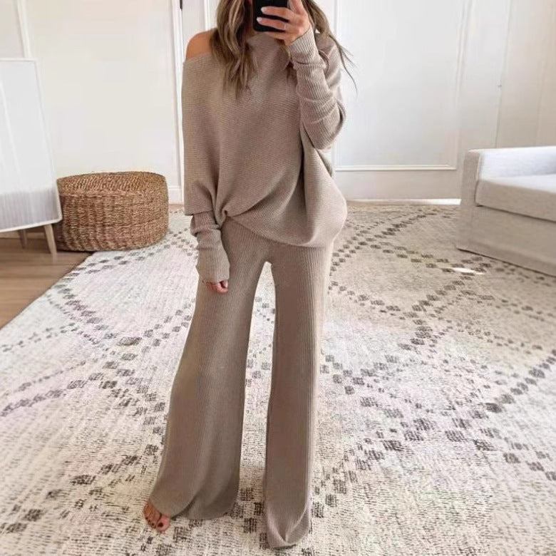 Damen Strick-Loungewear-Set Weites Off-Shoulder-Oberteil Beige - Norvielle