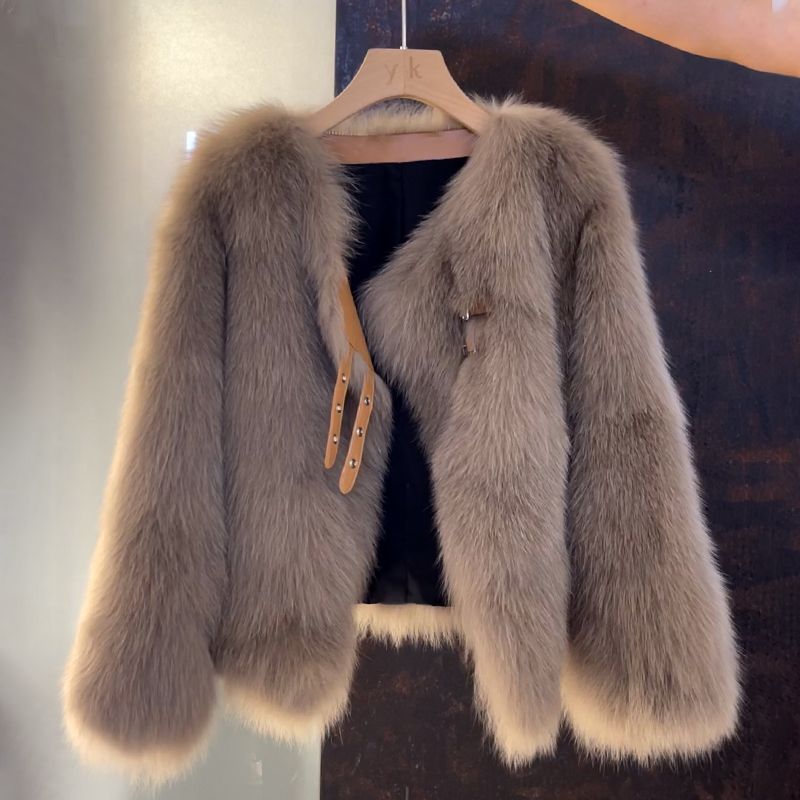 Damen Kunstfelljacke Elegant Schnitt Dekorative Schnallen Schwarz - Norvielle