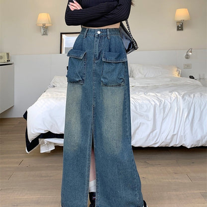 Damen Denimrock Lang Mit Taschen