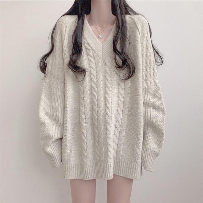 Damen Oversized Strickpullover V-Ausschnitt Zopfmuster Norvielle