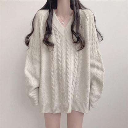 Damen Strickpullover V-Ausschnitt Großes Zopfmuster Norvielle