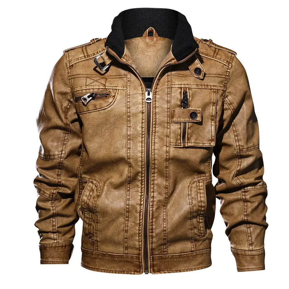 Herren Lederjacke Slim Fit Stehkragen Reißverschluss Multi-Taschen