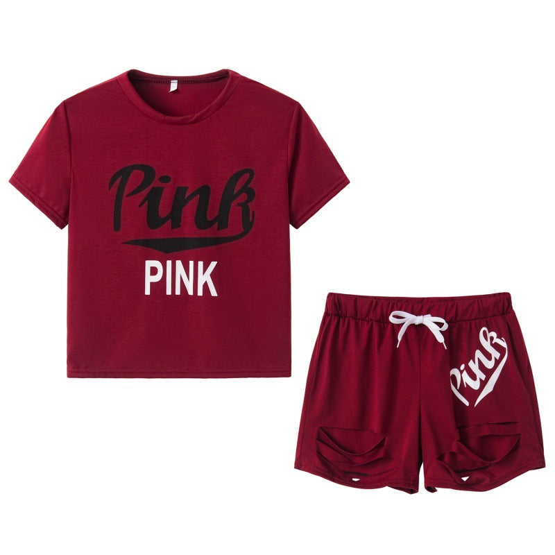 Damen Sportset Weites T-Shirt und Shorts Kontrast-Aufdruck Grau