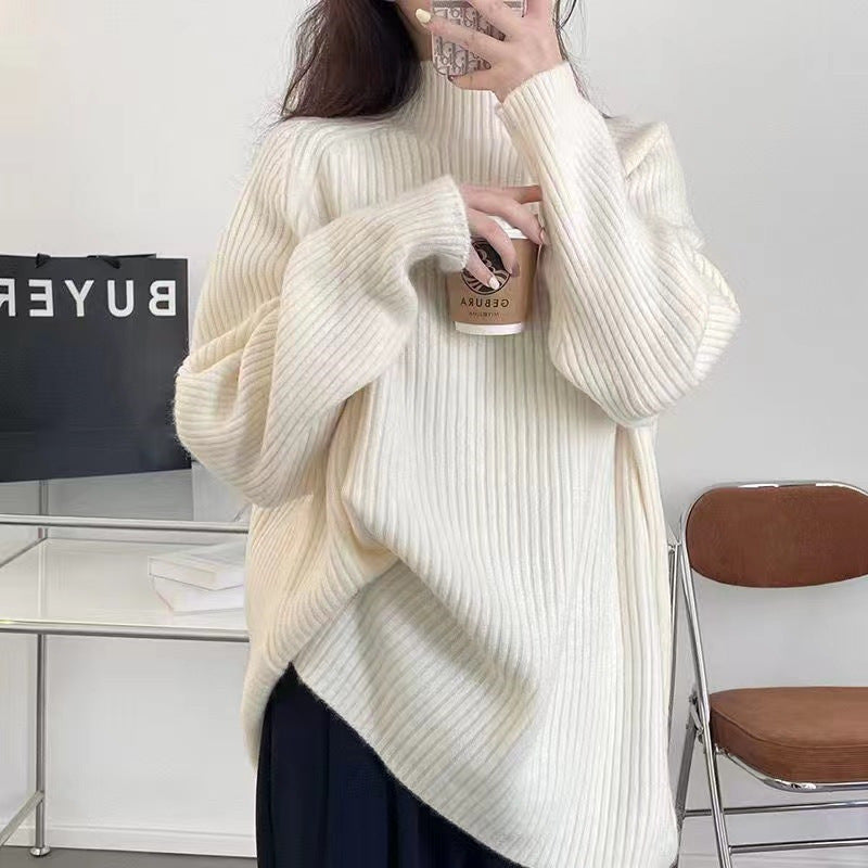 Damen Grobstrickpullover Hochkragen Strukturiertes Rippdesign