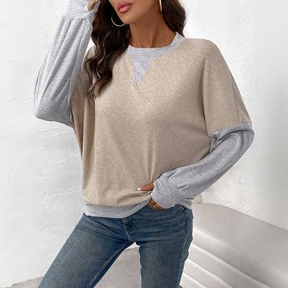 Damen Langarm-Pullover V-Ausschnitt Kontrastärmel Norvielle