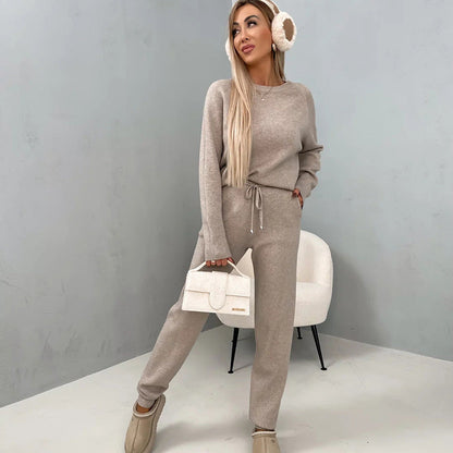 Damen Fleece Lounge Set Elastischer Bund Weiches Material Beige