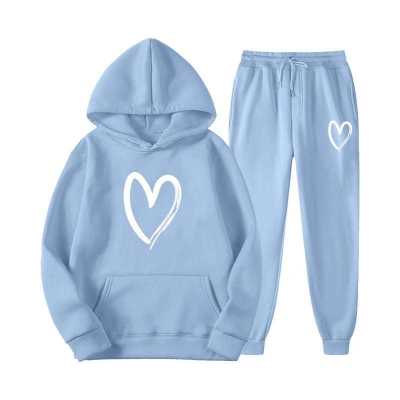 Damen Sweatanzug Kängurutasche Herzprint Grün