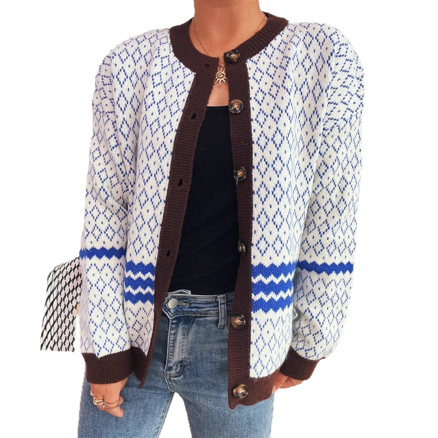 Damen Strickjacke Geometrisches Muster Elegante Knöpfe Beige