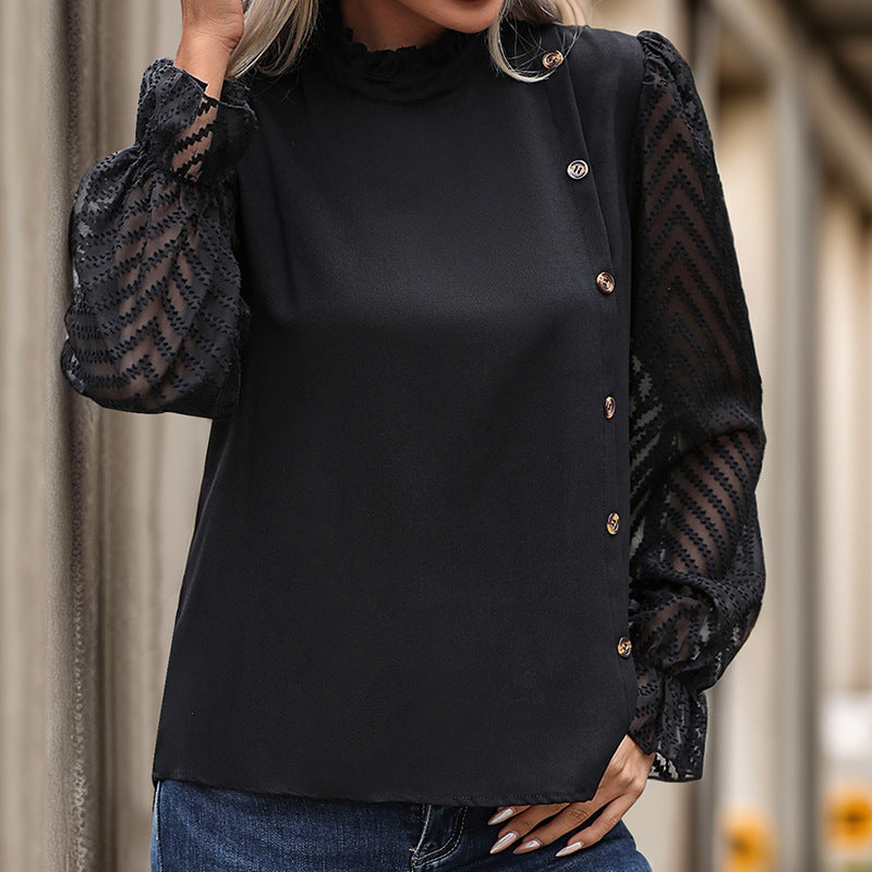 Damen Blusenshirt transparente Ärmel Knöpfe Norvielle - Norvielle