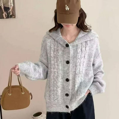 Damen Strickjacke Kapuzenpullover mit Knöpfen Beige