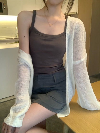 Damen Strickcardigan Offene Ärmel Dekoratives Muster Beige