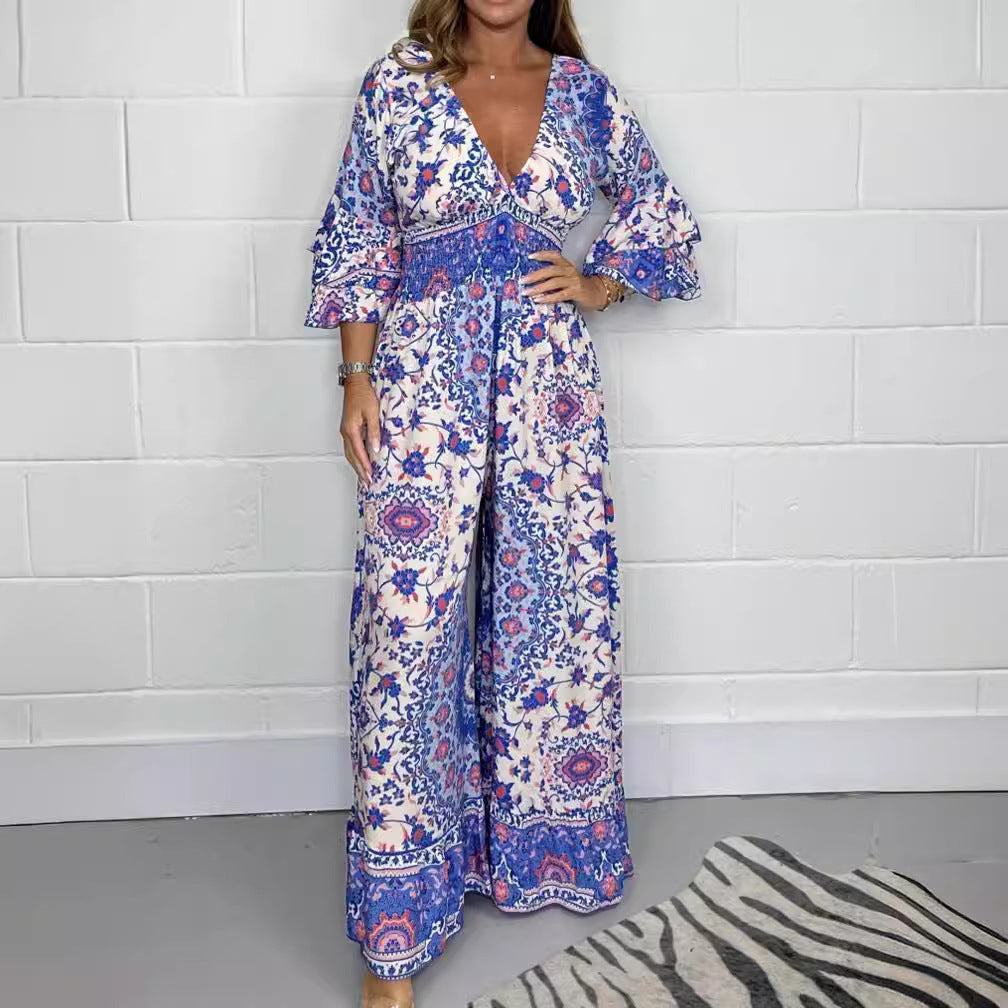 Damen Jumpsuit Floralmuster Weite Ärmel Norvielle