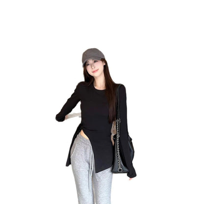 Damen Langarmshirt Rundhalsausschnitt mit Schlitzen Norvielle