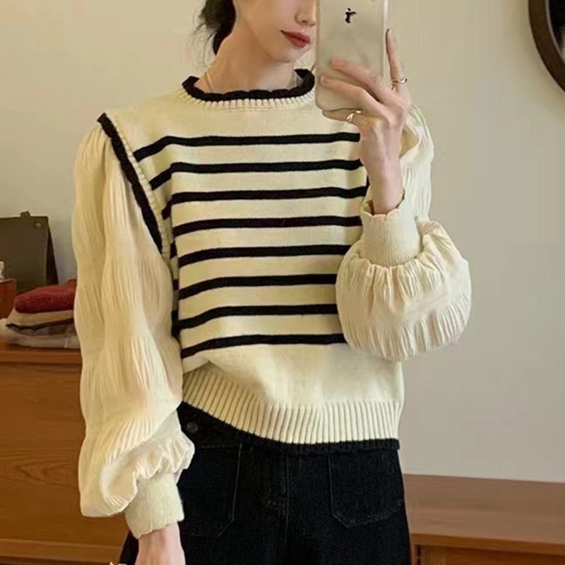 Damen Streifenpullover Puffärmel Rippdetails Norvielle - Norvielle