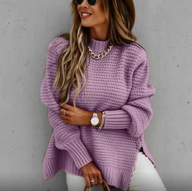 Damen Grobstrickpullover Hochkragen Mit Schlitzen Norvielle