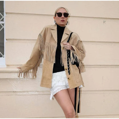 Damen Wildlederjacke mit Fransen Schwarz - Norvielle